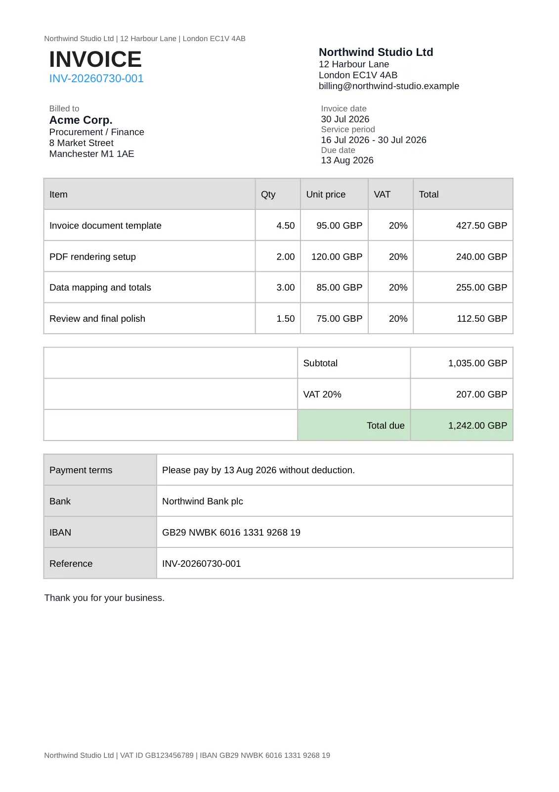 The DOCX output opened as a document: the same invoice layout as the PDF, as an editable Word file