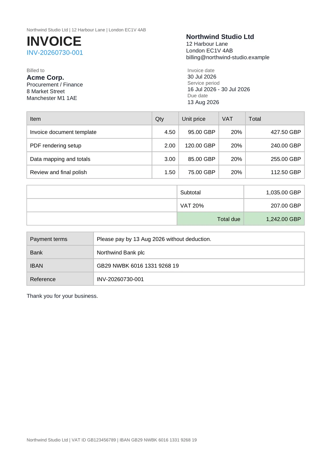 The rendered invoice PDF: letterhead, address and date blocks, line-item table, totals, and payment details on an A4 page