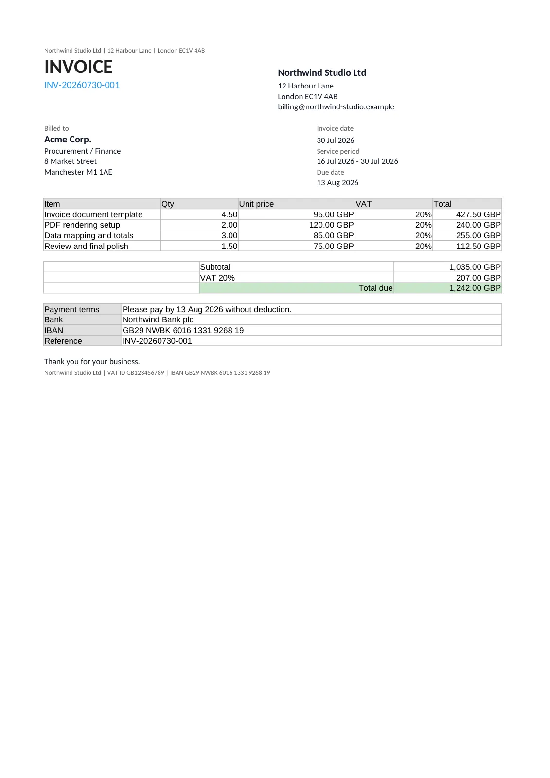 The XLSX output: the invoice as a spreadsheet with the line items, totals, and payment details in cells